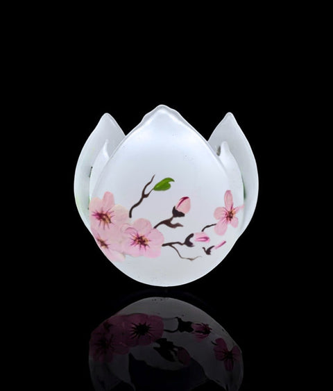 Frosted Glass Lotus Blossom Candle Holder, Hand Crafted in Ukraine, Cherry Blossom Design, Wonderful Year Round