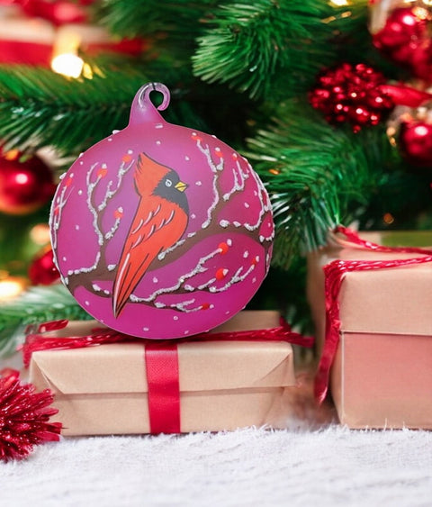 Pink Blown Glass Cardinal Ornament - Handcrafted - Red Cardinal Design