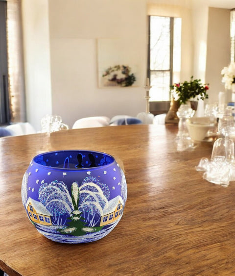 Large Blue Glass Candle Holder, Hand Crafted in Ukraine, Brown Cathedral Winter Wonderland, Wonderful Year Round