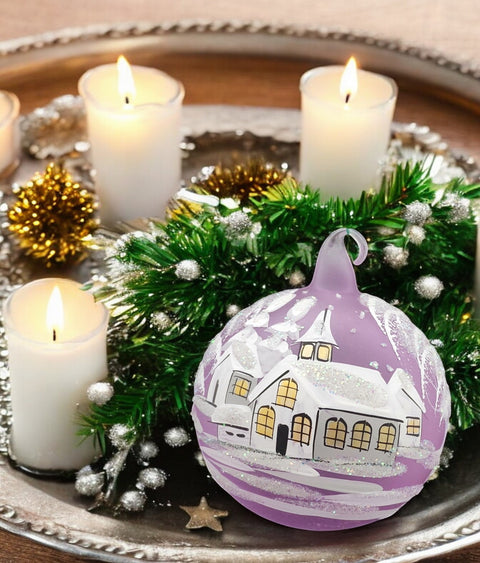 Lavender Blown Glass Ornament - Handcrafted - White Church Design