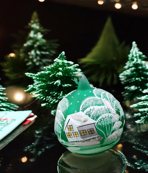 Green Blown Glass Ornament - Handcrafted - White Church Design