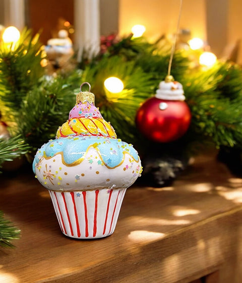 Hand Decorated Glass Keepsake Ornament - Charming Cupcake  Design