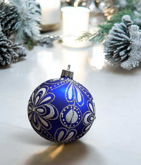 Blue Blown Glass Ornament - Handcrafted - Flower Design