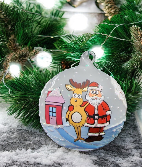 Frosted Blown Glass Ornament - Handcrafted - Santa N Reindeer Design