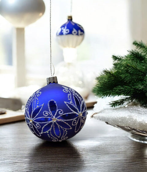 Blue Blown Glass Ornament - Handcrafted - Fancy Flower Design