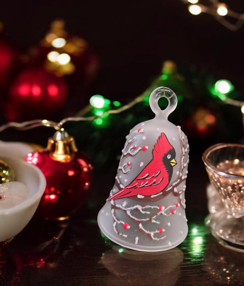 Frosted Blown Glass Bell Ornament – Red Cardinal Design with Clapper