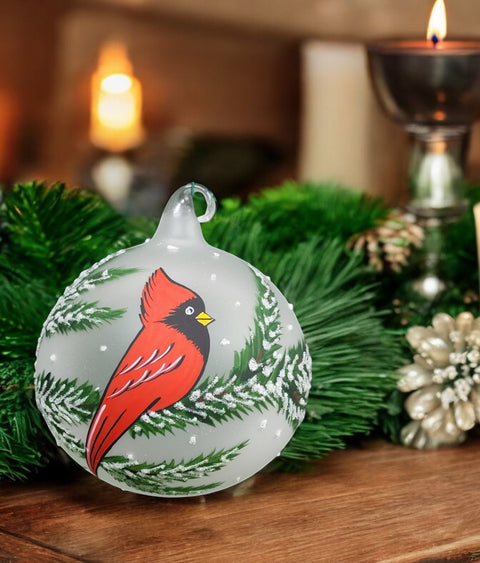 Frosted Blown Glass Ornament - Handcrafted - Red Cardinal Design