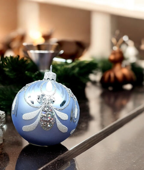 Light Blue Blown Glass Ornament - Handcrafted - Bumble Bee Design