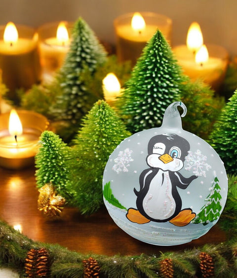 Frosted Blown Glass Ornament - Handcrafted - Charming Penguin Design