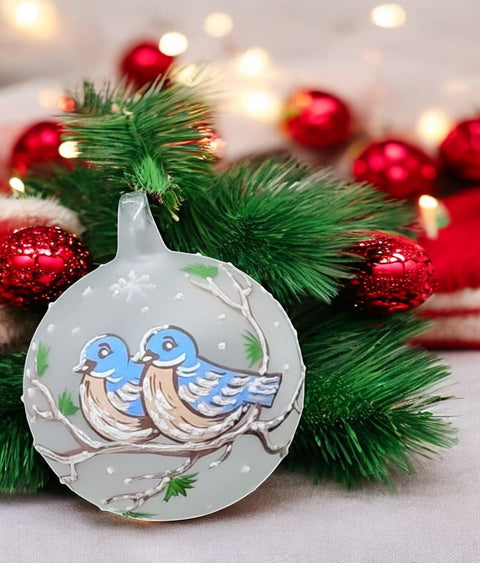 Frosted Blown Glass Ornament - Handcrafted -  Birds On Branch Design