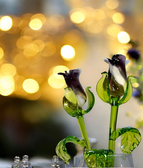 Purple & White Glass Rose - Handcrafted Long Stem Flower