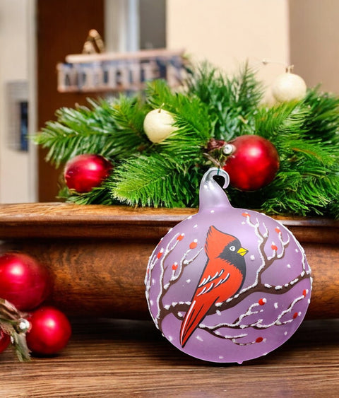 Lavender Blown Glass Ornament - Handcrafted - Red Cardinal Design