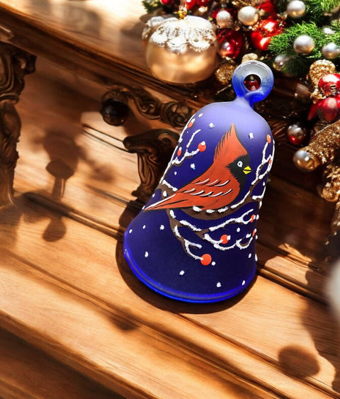 Blue Blown Glass Bell Ornament – Red Cardinal Design with Clapper