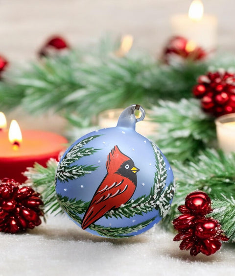 Light Blue Blown Glass Ornament - Handcrafted - Red Cardinal Design