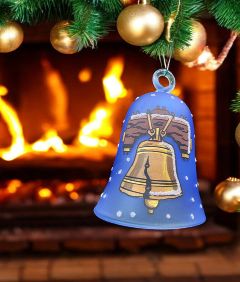 Light Blue Blown Glass Bell Ornament – Liberty Bell Design with Clapper