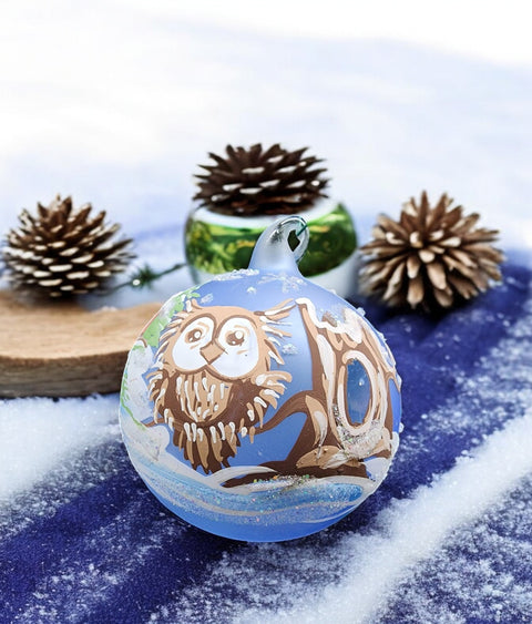 Light Blue Blown Glass Ornament - Handcrafted - Fun Owl Design