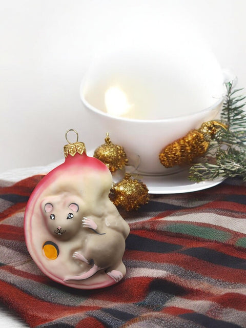 Hand Decorated Glass Keepsake Ornament - Charming Mice In Cheese Design