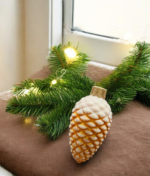 Hand Decorated Glass Keepsake Ornament - Charming Gold Pinecone Design