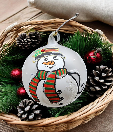 Frosted Blown Glass Ornament - Handcrafted -  Fat Snowman Design