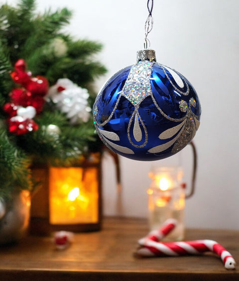 Blue Blown Glass Ornament - Handcrafted - Bumble Bee Design