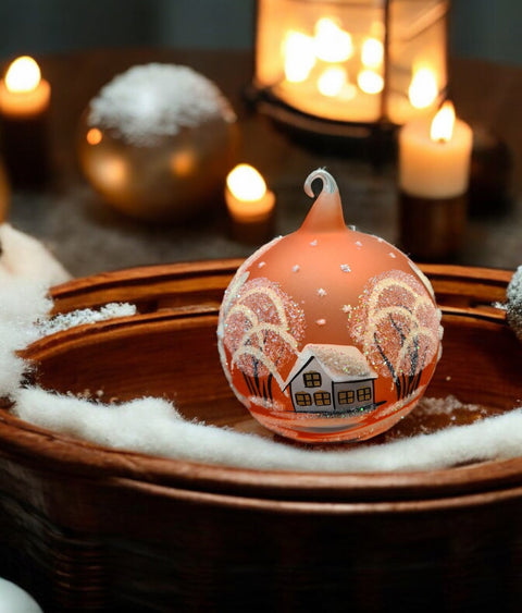 Orange Blown Glass Ornament - Handcrafted - White Church Design