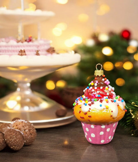 Hand Decorated Glass Keepsake Ornament - Charming Cupcake Design