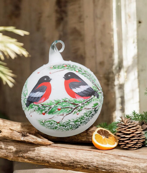 White Blown Glass Ornament - Handcrafted -  Charming Finches Design