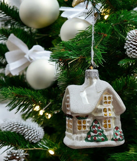 Hand Decorated Glass Keepsake Ornament - Charming Silver House Design