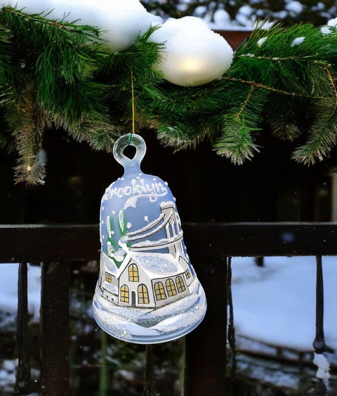 Light Blue Blown Glass Bell Ornament – Brooklyn Bridge Design with Clapper