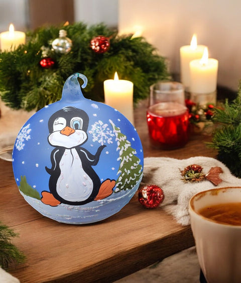 Light Blue Blown Glass Ornament - Handcrafted -  Charming Penguin  Design