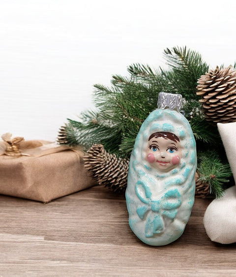 Hand Decorated Glass Keepsake Ornament - Baby in Blue Swaddle Design