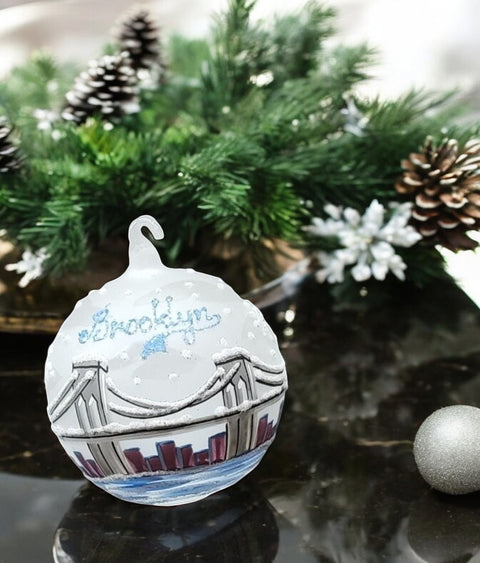 Frosted Blown Glass Ornament - Handcrafted - Brooklyn Bridge Design