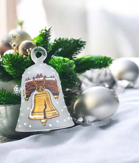 Frosted Blown Glass Bell Ornament – Liberty Bell Design with Clapper