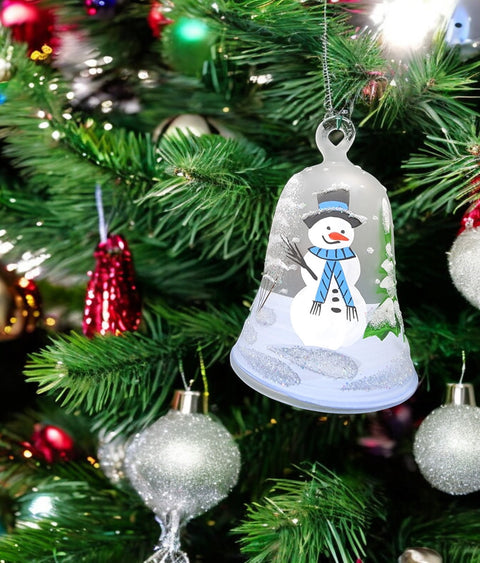 Frosted Blown Glass Bell Ornament - Snowman Design with Clapper