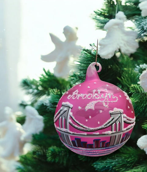 Pink Blown Glass Ornament - Handcrafted -  Brooklyn Bridge Design