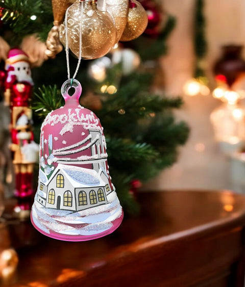 Pink Blown Glass Bell Ornament –  Brooklyn Bridge Design with Clapper