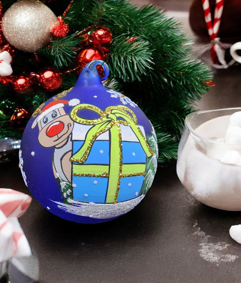 Blue Blown Glass Ornament - Handcrafted -  Reindeer Gift Design