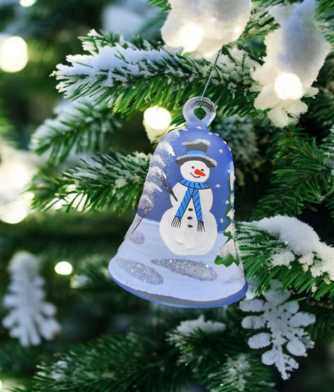 Light Blue Blown Glass Bell Ornament –  Snowman Design with Clapper