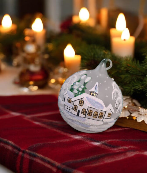 Frosted Blown Glass Ornament - Handcrafted - White Church Design