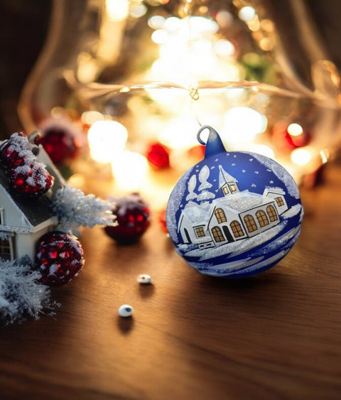 Blue Blown Glass Ornament - Handcrafted - White Church Design