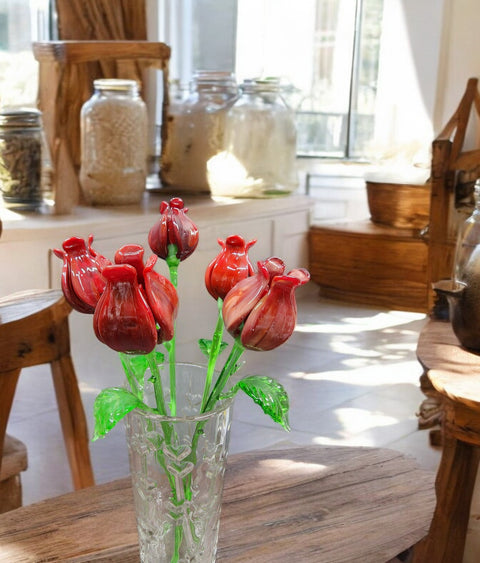 Red Glass Open Bulb Rose - Handcrafted Long Stem Flower