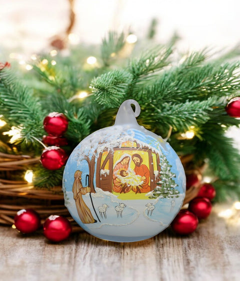 Frosted Blown Glass Ornament - Handcrafted - Nativity Design