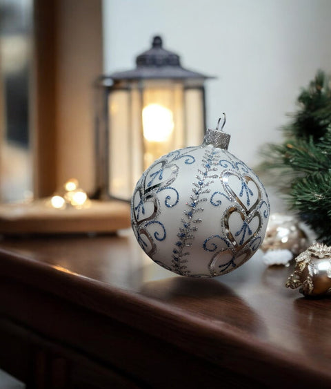 Silver & Blue Blown Glass Ornament - Handcrafted - Hearts Galore Design