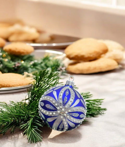 Blue Blown Glass Ornament - Handcrafted - Blue & Silver Ornament Design