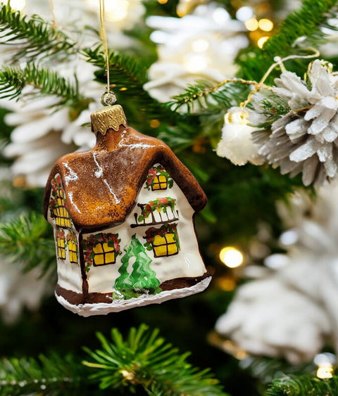 Hand Decorated Glass Keepsake Ornament - Charming Brown House Design