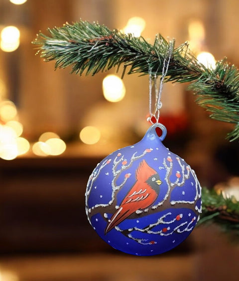 Blue Blown Glass Ornament - Handcrafted - Red Cardinal Design