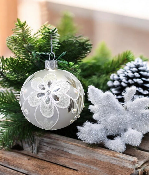 Silver Blown Glass Ornament - Handcrafted - Flower Design