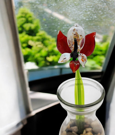 Red Glass Orchid - Handcrafted Short Stem Flower