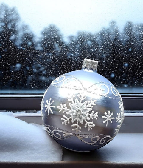 Light Blue Blown Glass Ornament - Handcrafted - Large Snowflake Design