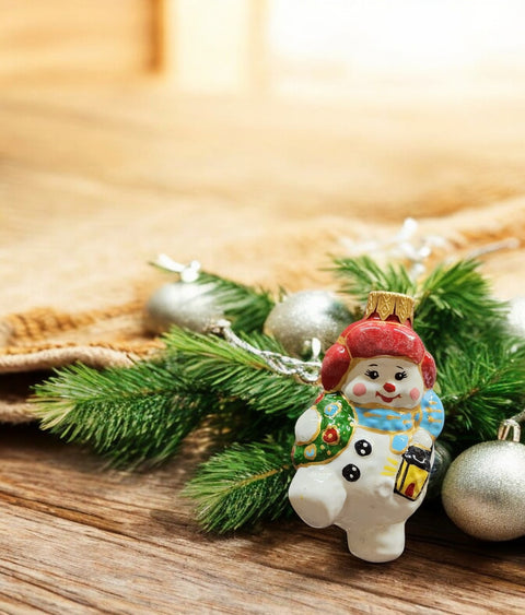 Hand Decorated Glass Keepsake Ornament - Snowman W Lantern Design